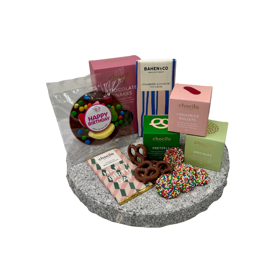 Same day car package hamper delivery Melbourne & Geelong | Online gift delivery | Chocolate gift delivery | Chocilo | Freckleberry | Bahen & Co | Happy Birthday Chocolate Hamper | Happy Birthday Gift