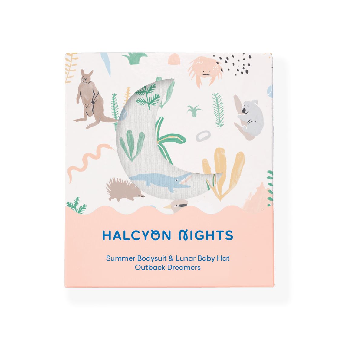 Australia-wide new baby gift delivery service | Halcyon Nights Bodysuit and Lunar BABY HAT OUTBACK DREAMERS